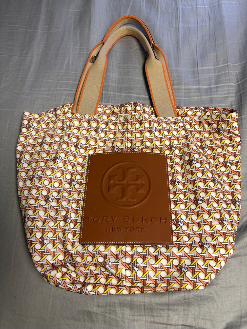 Tory Burch Orange Multicolor Geometric Tote with Tan Logo Patch
